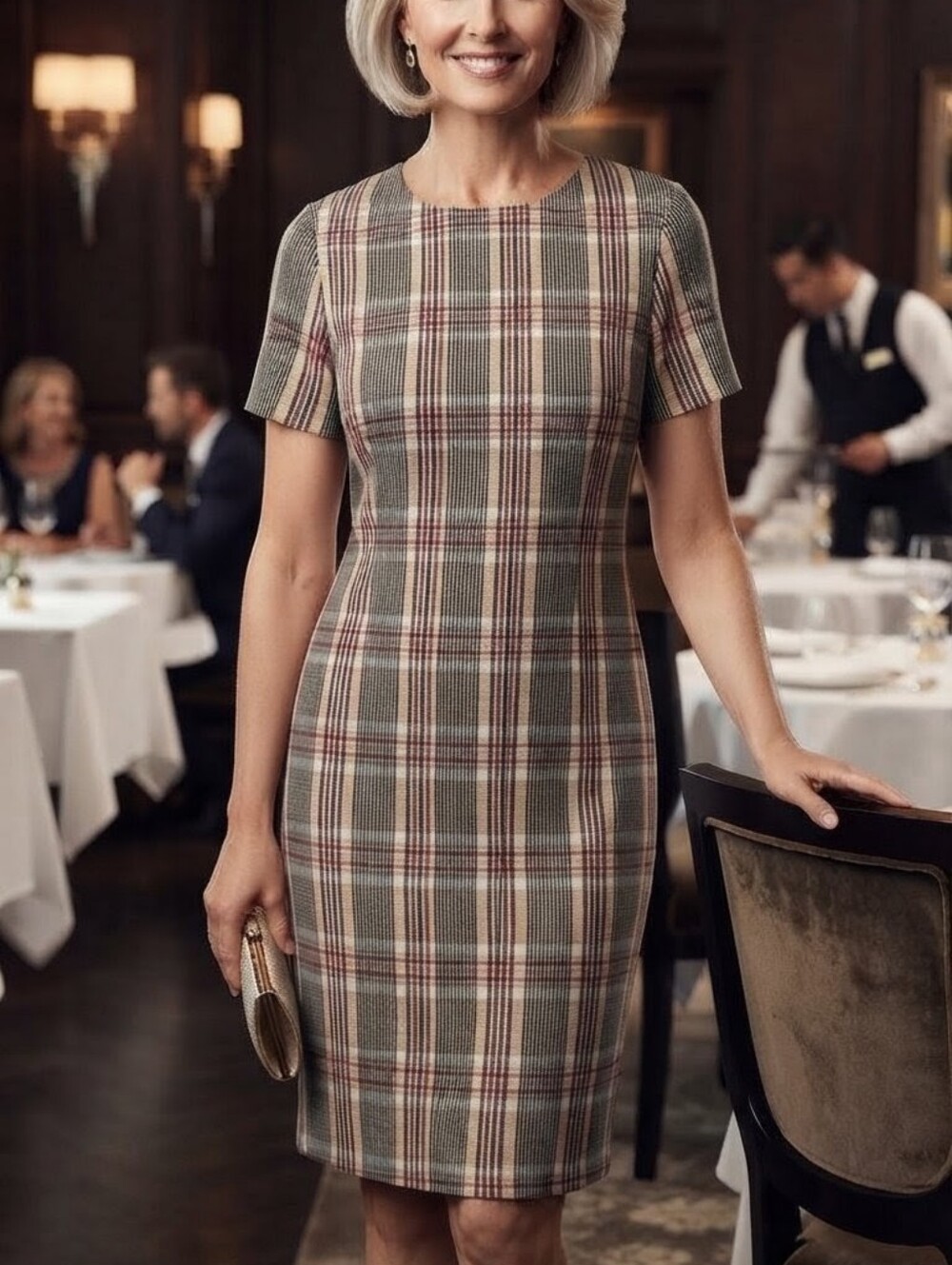 Classy and versatile short-sleeve plaid shift dress